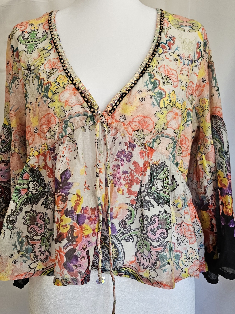 Natural Life Boho Floral Paisley Peplum Blouse S Cotton V-Neck Sequin Trim Bell - Picture 7 of 15